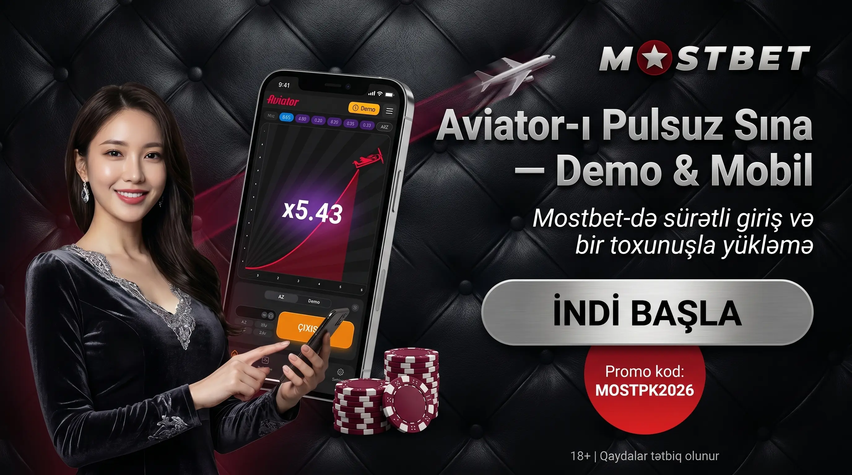 Mostbet Aviator demo, giriş və mobil yükləmə görüntüsü